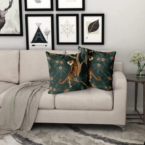 Miniatura 6 de Juego de 2 fundas de almohada de tigre, de algodón, con diseño de animales de bosque de pavo real, decorativas, para dormitorio, sofá, sala
