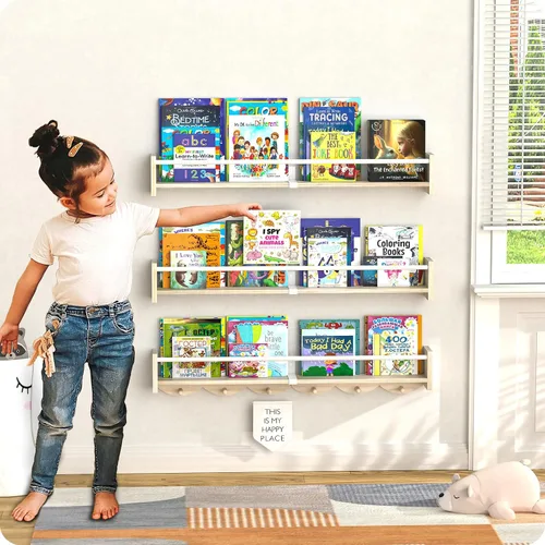 Miniatura 2 de Estantes flotantes para libros de 34 pulgadas, estantes flotantes para libros de pared, estantes de guardería de montaje en pared, juego de 3