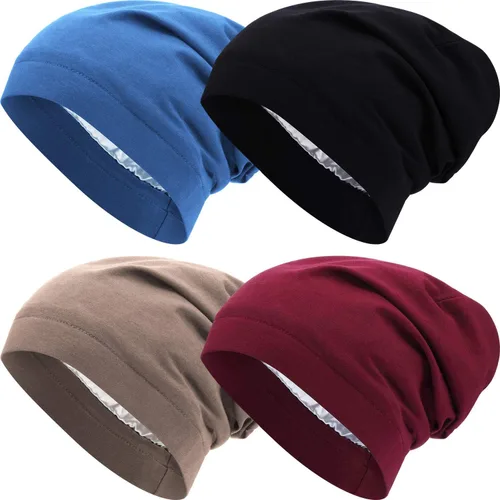 Miniatura 22 de 4 Pieces Satin Lined Beanie Cap Satin Sleep Lined Hat Slouchy Beanie Hat Night Silk Hair Cap for Women Men