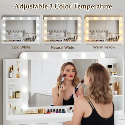 Miniatura 2 de ALEXNUTRE Escritorio de maquillaje con luces, tocador grande de 45.5 pulgadas con espejo y luces en 3 modelos, tocador con toma de corriente