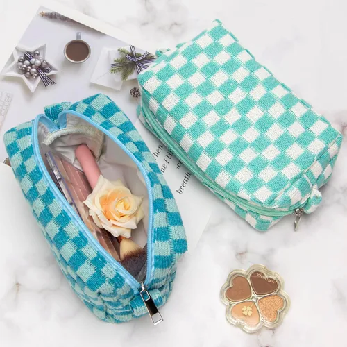 Miniatura 7 de PAZIMIIK Bolsa de Maquillaje a Cuadros para Bolso Portátil con Cremallera, Estuche Pequeño de Cosméticos para Accesorios de Viaje, Azul Ártico