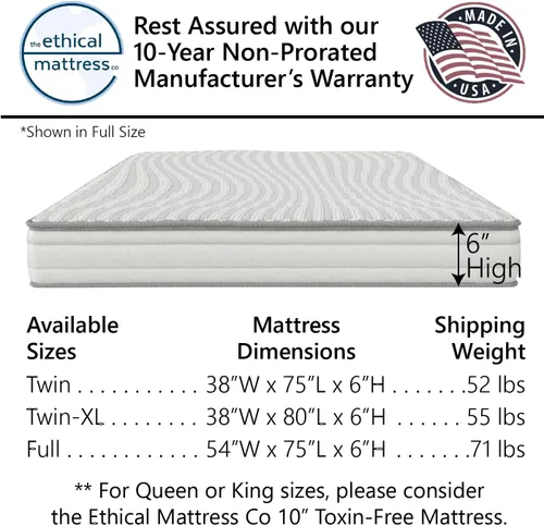 Miniatura 6 de Ethical Mattress CO - Colchón infantil de 6 pulgadas, sin toxinas, fabricado en los Estados Unidos con algodón orgánico, lana, látex y bobinas