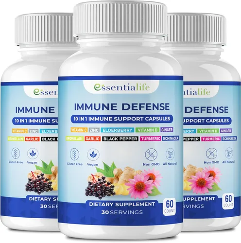 Miniatura 2 de Suplemento de apoyo inmunológico, 2 paquetes 10 en 1 de saúco, equinácea, vitamina D, vitamina C 1000 mg y suplemento de zinc, con refuerzo