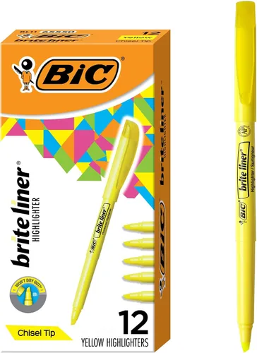 BIC Brite Liner - Resaltadores, punta de cincel, paquete de 12 resaltadores amarillos, juego de resaltadores ideal para organizar y colorear
