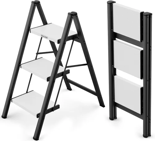 Miniatura 8 de WOA WOA Escalera de 2 escalones, taburete plegable, escalera ligera de aluminio para hogar, cocina, armario, pedales antideslizantes, facilidad