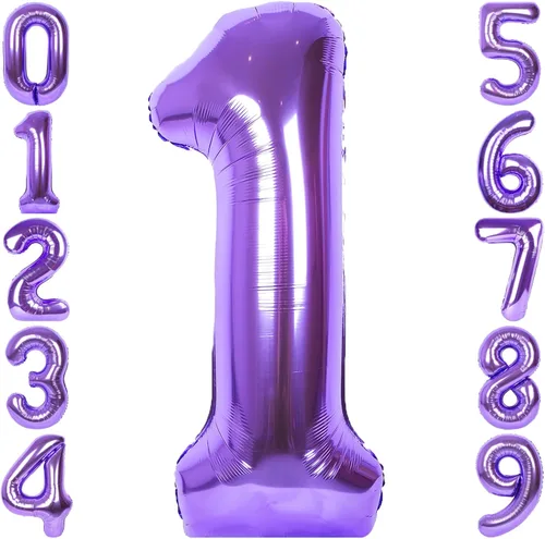 Miniatura 23 de Globo de número 0 de 40 pulgadas de RainbowQ Party, grande, color púrpura, para niños o niñas, números del 0 al 9, de papel de aluminio y Mylar