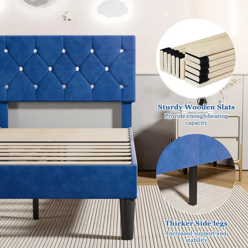 Miniatura 6 de VECELO Base de cama de tamaño individual, plataforma tapizada con cabecera ajustable de diamante, soporte de listones de madera, no necesita somier