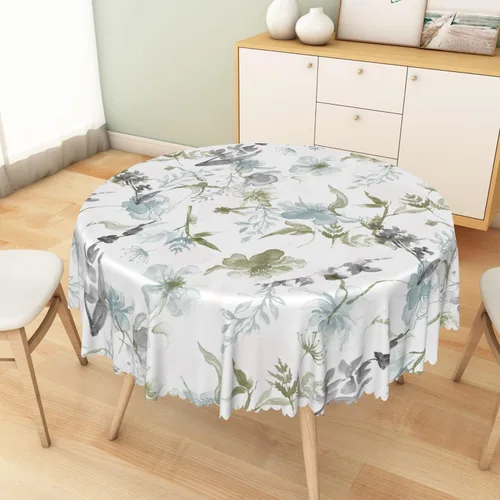 Miniatura 5 de Mantel redondo floral rústico de 48 pulgadas, con estampado botánico de flores en acuarela verde, azul y gris, a prueba de derrames y aceite, tela