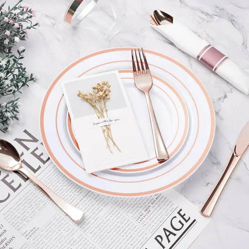 Miniatura 5 de BESTVIP Juego de vajilla de plástico color oro rosa de 350 piezas, platos de fiesta desechables para 50 invitados, incluye: 100 platos de plástico