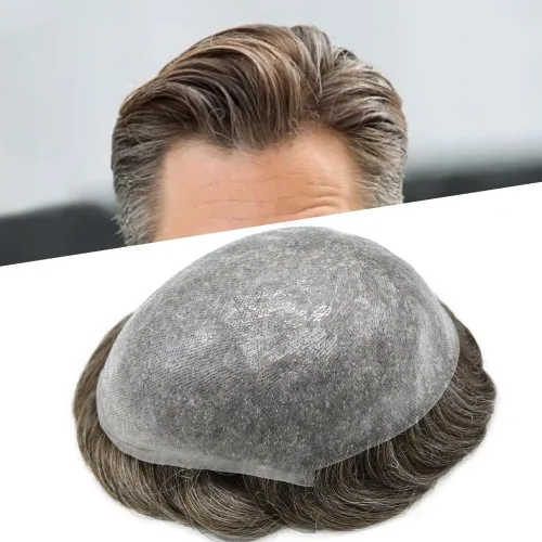Miniatura 38 de Tupé de piel ultra fina para hombres pieza de cabello humano real sistema de reemplazo 0.002 in Mens Toupee Hairpiece para hombres V-Loop 8x10 80%