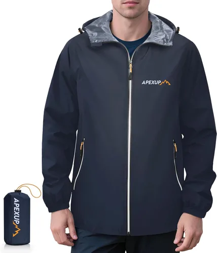 Miniatura 13 de APEXUP Chaqueta de lluvia empacable para hombre con cremallera reflectante, impermeable ligero, chaqueta de lluvia para hombre para deportes al aire