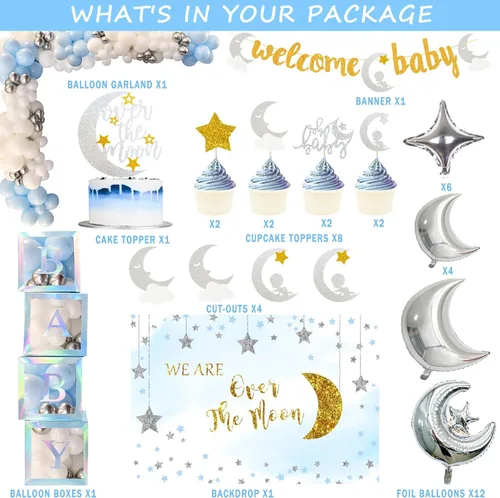 Miniatura 2 de 154 piezas de decoración de baby shower sobre la luna, Fiesec We Are Over The Moon Baby Shower, decoración de telón de fondo de globos, guirnalda