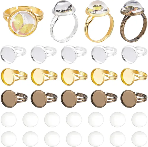 Miniatura 18 de SUNNYCLUE Anillo de dedo, base de anillo ajustable en blanco, media redonda, base de cabujón plano, configuración de bandeja de bisel para kit