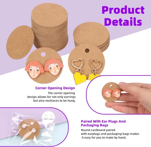 Miniatura 3 de Swpeet Juego de 600 tarjetas de exhibición de aretes de papel kraft, tarjetas redondas de 1.6 in a 1.6 pulgadas con parte trasera de aretes y bolsas