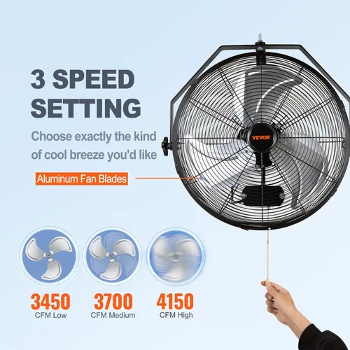 Miniatura 3 de VEVOR Ventilador de montaje en pared de 18 pulgadas, ventilador impermeable IP44 de 3 velocidades, máx. 4150 CFM montado en la pared