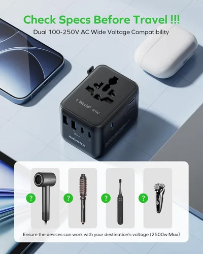 Miniatura 8 de MOMAX Adaptador de viaje universal 7 en 1, adaptador de enchufe de viaje europeo GaN 45W para iPhone 17, 3 USB-C PD y 2 USB-A QC, 2 AC, adaptador