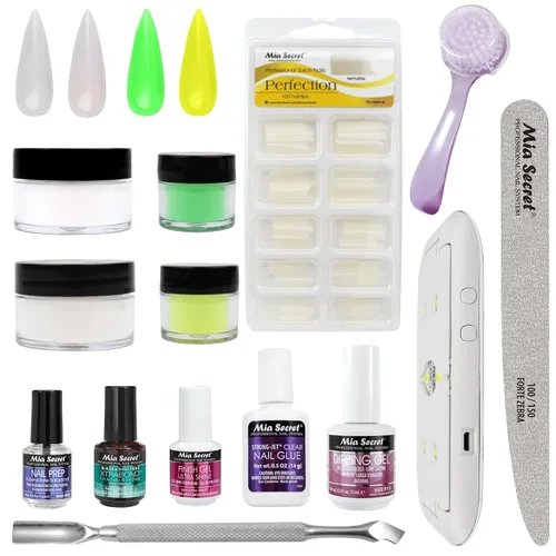 Mia Secret Kit de uñas en polvo de inmersión de 14 piezas, blanco, verde claro, amarillo neón