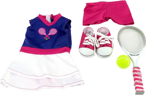 Miniatura 2 de American Fashion World Conjunto de tenis morado y blanco para muñecas de 18 pulgadas Juego de 5 piezas Calidad premium y diseño moderno Ropa