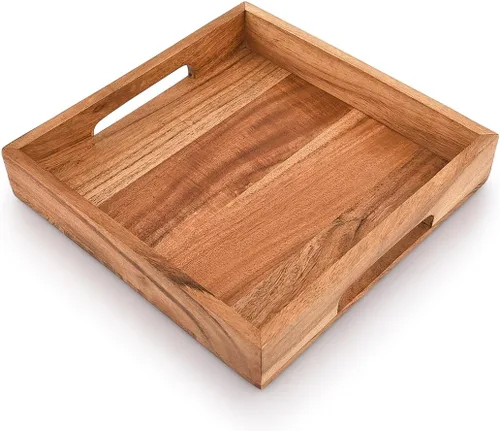 Miniatura 3 de Samhita Bandeja de madera de acacia con asas, bandeja de madera para servir, bandeja de aperitivos, bandeja de desayuno, ideal para desayuno, café