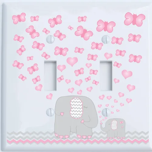 Miniatura 4 de Cubierta de placa de interruptor de luz de elefante rosa, decoración de guardería de elefante con mariposas de corazones rosas cheurón gris