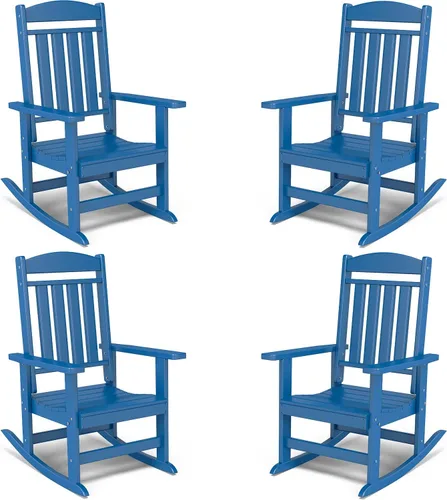 Miniatura 21 de FOOWIN Juego de sillas mecedoras de patio de 2 piezas, mecedora de porche con respaldo alto de HDPE, mecedora de porche de madera de polietileno