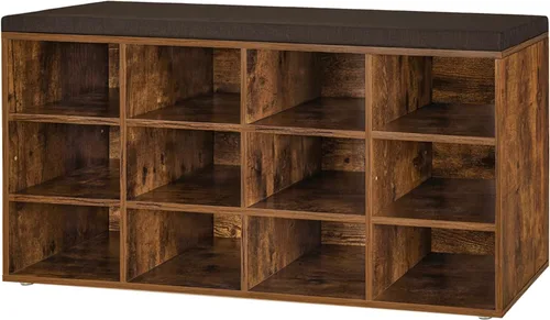 Miniatura 10 de DINZI LVJ Banco de almacenamiento de zapatos con cojín, estante de cubículos con 12 cubículos, estantes ajustables, banco organizador multifuncional