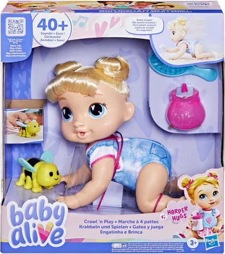 Baby Alive Crawl 'n Play Harper Hugs - Conjunto de muñeca bebé electrónica gateadora, cabello rubio, juguetes para niños y niñas de 3 años en