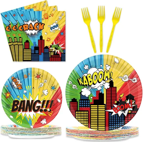 gisgfim 96 piezas de platos y servilletas para fiesta de super héroes, suministros de fiesta, juego de vajilla para fiesta temática de héroes,