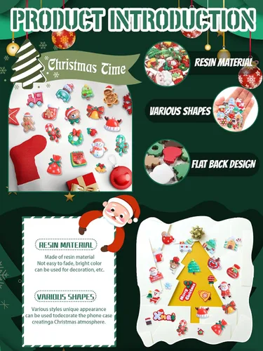 Miniatura 3 de 50 dijes de resina de Navidad con parte trasera plana, Papá Noel, muñeco de nieve mixto, campanas de árbol de Navidad, adornos para álbumes
