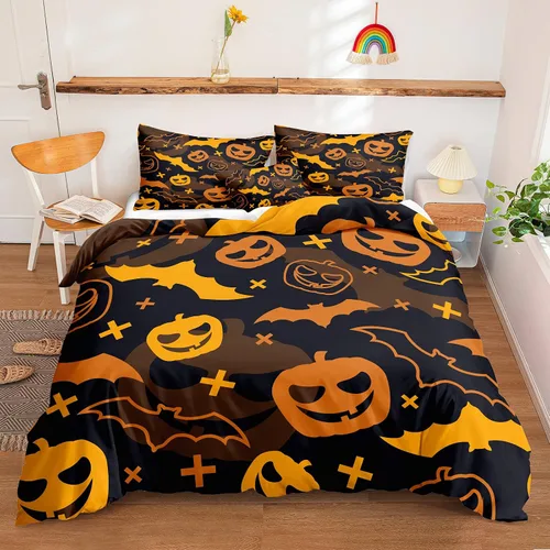Miniatura 20 de Juego de funda de edredón de calabaza para Halloween, divertido diseño de calabaza malvada, color negro, juego de ropa de cama Tiwn 1 funda