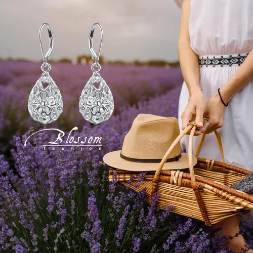 Miniatura 125 de Aretes colgantes de filigrana de plata de ley 925, margarita, loto, flor de rosa, piedra lunar, lágrima para mujer, nudo celta infinito, margarita