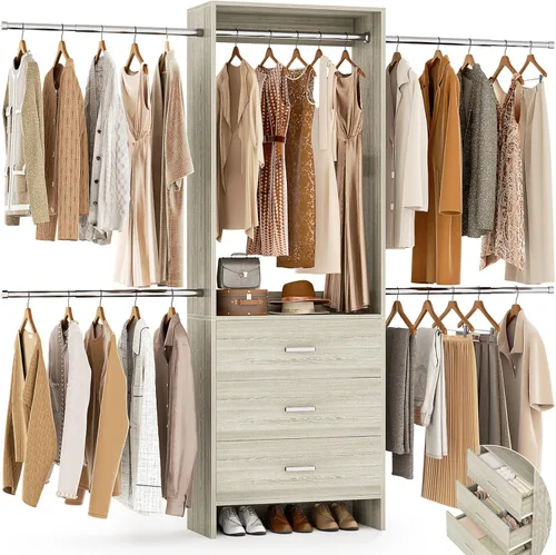 Miniatura 8 de Aheaplus Sistema de Armario, Organizador de Armario con 3 Cajones de Madera, Sistema Organizador de Armario, Armario Walk-in con Perchero para Ropa