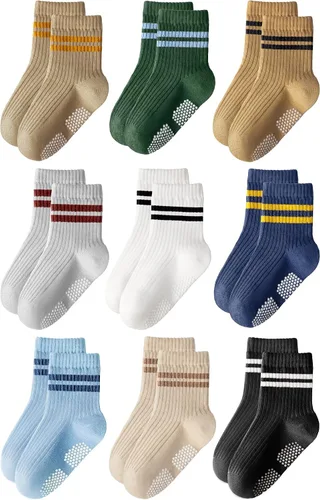 Miniatura 8 de HONGTEYA 9 pares de calcetines para niños pequeños, calcetines antideslizantes de algodón para bebés con agarres de 0 a 5 años