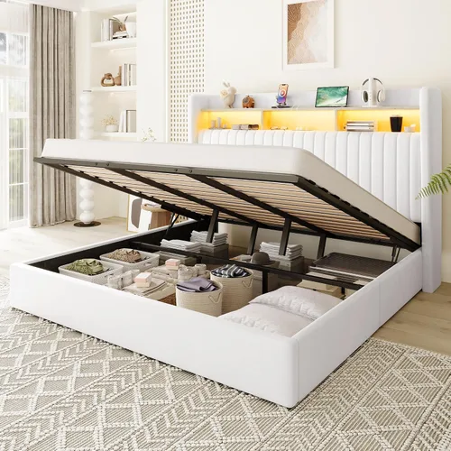 Miniatura 14 de Allewie Marco de cama de almacenamiento hidráulico elevable, tamaño Queen, cabecero de estante de 2 niveles con luces LED y estación de carga, Blanco
