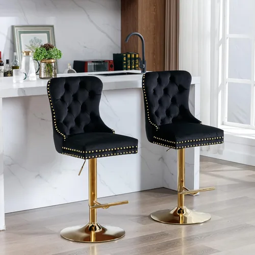 Miniatura 16 de Taburete de bar giratorio ajustable de altura de mostrador, silla de bar tapizada de terciopelo dorado con base cromada con respaldo acolchonado