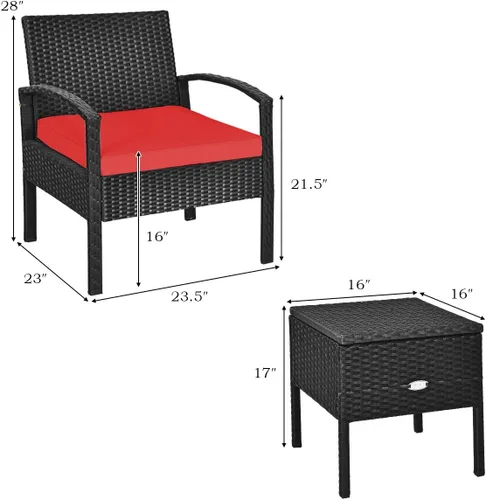 Miniatura 6 de RELAX4LIFE Juego de 2 sillas de patio con mesa auxiliar, juego de 3 sillas de porche con cojines extraíbles y mesa de cristal, sillas de mimbre