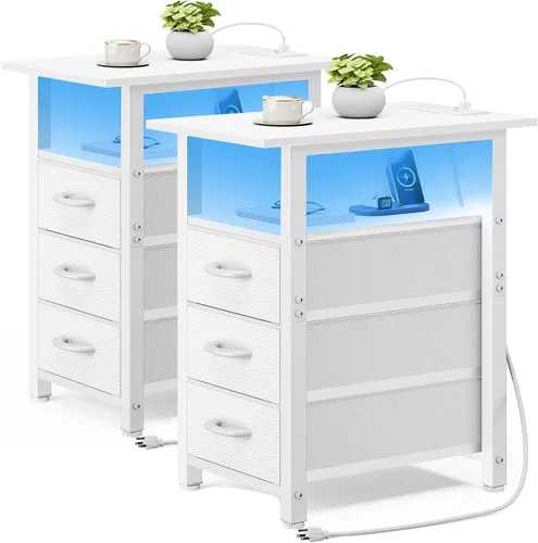 Miniatura 12 de Vagusicc Mesita de noche negra con estación de carga y luces LED, mesa auxiliar estrecha, mesita de noche LED con 3 cajones de tela para dormitorio