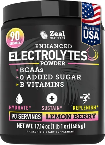 Miniatura 17 de Zeal Electrolyte Powder - 90 porciones Polvo de electrolitos Keto Cero azúcar, BCAA, vitaminas B Potasio, zinc, magnesio Bebida