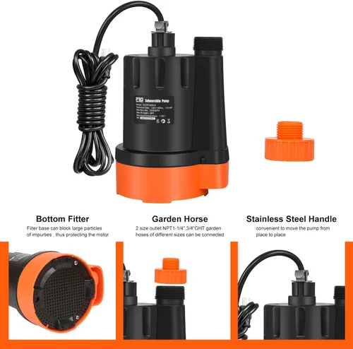 Miniatura 4 de Bomba de agua sumergible, 1/3 HP 2500 GPH Bomba de drenaje de agua limpia eléctrica portátil para drenaje de piscinas, inundaciones, piscina y sótano