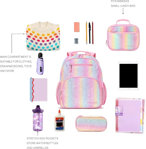 Miniatura 6 de mibasies Mochila para niñas y niños, ideal para niños y niñas, mochila para preescolar jardín de infantes y primaria, Glitter Rainbow, Niños-15"H