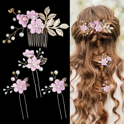 Miniatura 7 de BOYIVI 4 accesorios para el cabello de boda, peines y alfileres para el cabello de novia con perlas rosas, tenedores de pelo vintage para novias