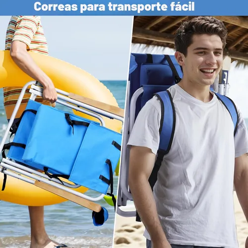 Miniatura 6 de Outvita Silla de playa plegable con reposacabezas ajustable de 4 ángulos de inclinación flexibles, con soporte para tazas, portátil, de alta Azul