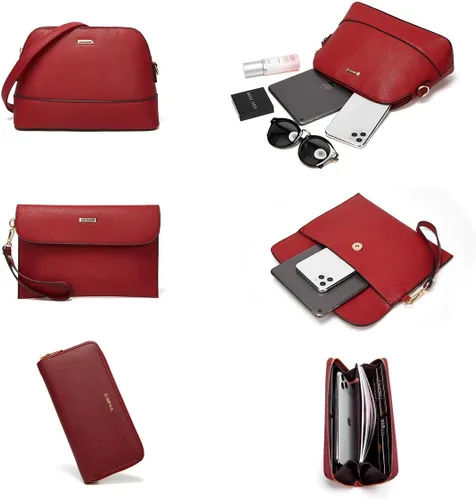 Miniatura 24 de Juego de 4 bolsas modernos para mujer de cuero sintético: bolso tote, bolso de hombro, bolso de mano y cartera.