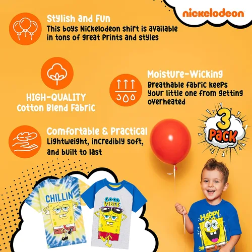 Miniatura 5 de Nickelodeon Spongebob or Rugrats 3 Pack Boy's Graphic Tees, Cute Short Sleeve T-Shirts for Boys Pack of 3