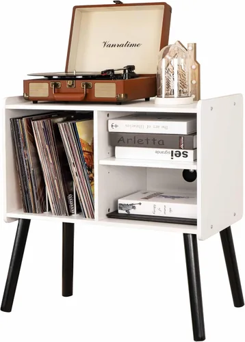 Soporte para tocadiscos, mesa de tocadiscos de mediados de siglo con almacenamiento para hasta 150 álbumes, gabinete de discos de vinilo con Blanco