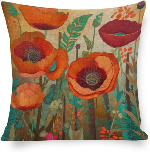 Funda de cojín decorativa de lino para casa de campo, diseño de flores de amapola, pintura al óleo, color rojo, primavera y verano, funda de