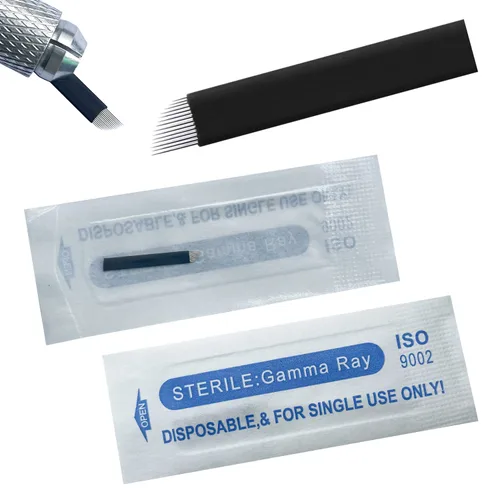 Agujas de microblading de 0.007 in, agujas desechables de tatuaje de cejas para máquina de maquillaje permanente Manual de suministros (Negro S14)