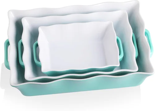 Miniatura 8 de Sweejar - Platos de cacerola para horno, juego de 3 utensilios de cerámica, molde rectangular de hornear con asas, molde para lasaña de borde rojo