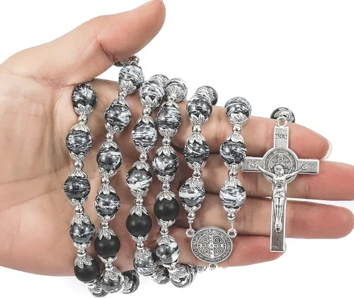 Miniatura 2 de Nazareth Store Rosario de cristal negro de San Benito cuentas de ágata collar de medalla de protección contra el mal y crucifijo de oración Rosarios