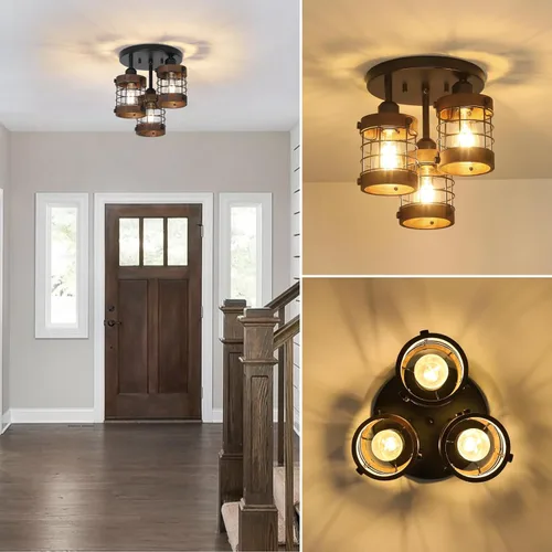 Miniatura 3 de PAUFUL Lámpara de techo semiempotrada, lámpara de araña de granja de 3 luces para montaje en techo, lámparas negras para pasillo con pantalla